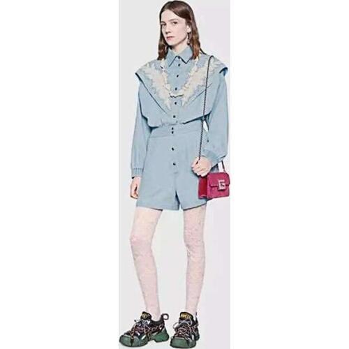 High quality women denim jumpsuit short pant Shawl beading casual vintage long sleeve autumn one-piece overalls Elegant jumpsuit
