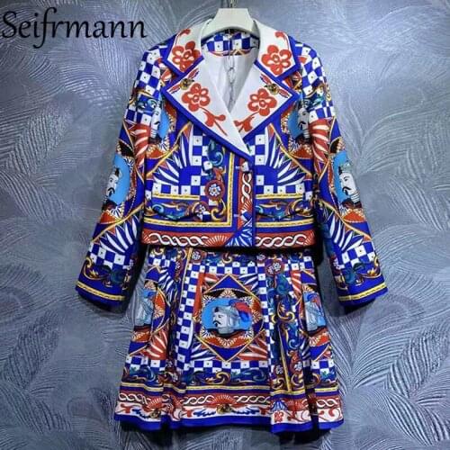 Seifrmann New 2021 Autumn Women Fashion Designer Skirts Set Long Sleeve Loose Coats + High Waist Vintage A-Line Skirts Suits