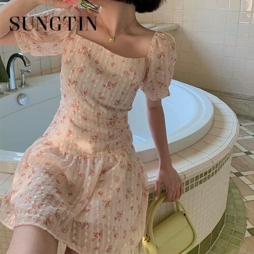 Sungtin Sweet Printing Raglan Puff Sleeve Mini Dress Women Summer Square Collar Floral Dress Korean Fashion Sexy Empire Vestidos