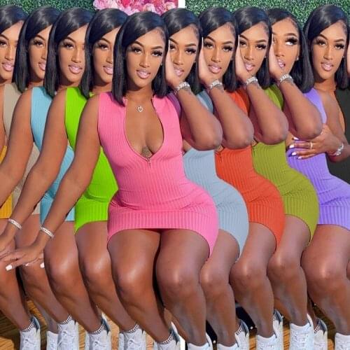 Women Summer Tight-fitting Sexy Zipper Deep V Neck Sleeveless Solid Color Mini Dress Dresses For Women Femme Robe Plus Size 3XL