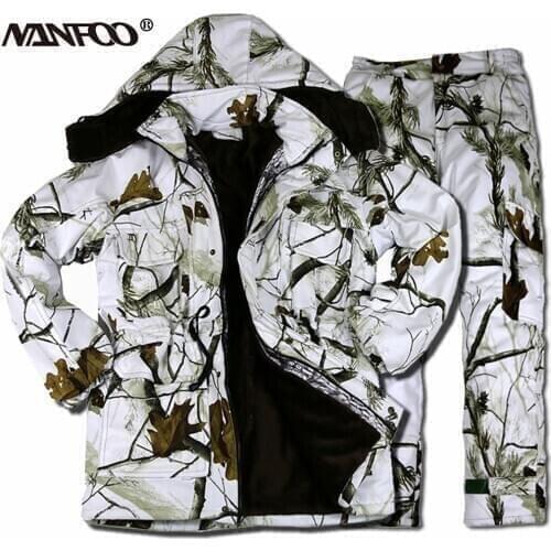 Thermal Winter Snow White Bionic Camouflage Hunting Fishing Suit Waterproof Ghillie Suit Windproof CS Hooded Jacket Pant