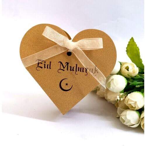 10pcs/50pcs/100pcs Eid Mubarak Heart Candy Gift Box Ramadan Decorations Islamic Party DIY Decoration Packaging Boxes With Ribbon