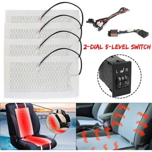 4pcs/Set 12V 2 Seats Pads Universal Carbon Fiber Heated Seat Heating Heater Pads 2 Dial 5 Level Switch Winter Warmer Seat Covers