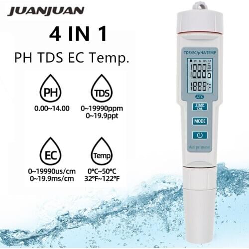 4 in 1 PH TDS EC Temp Meter Tester PH Digital Water Quality Monitor Tools Water Filter Purity Pen with backlight 50%off