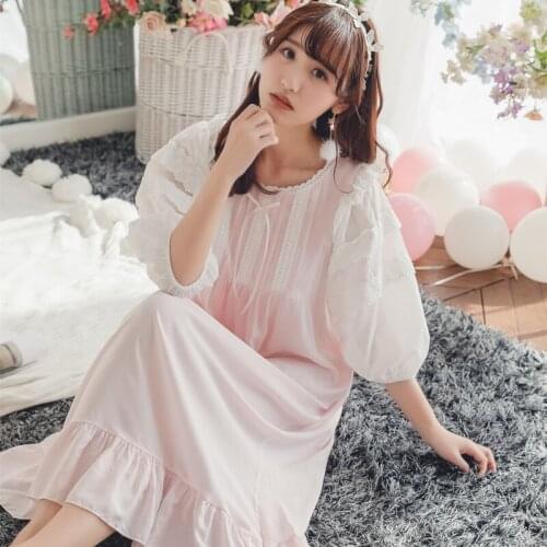 Free Shipping 2018 New Summer Princess Womens White Pink and Blue Nightgown Long Sleepwear Lace Nightdress Vintage Pijamas