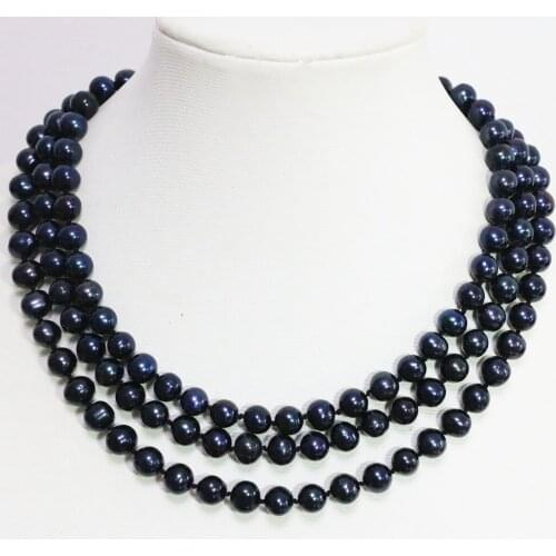 Classical black cultured freshwater natural pearl 8-9mm round beads charms romantic long chain necklace jewelry 50inch B1474