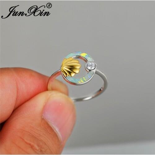 Two Tone White Gold Shell Conch Ring White Fire Opal Rings For Women Zircon Round Wedding Bands Promise Engagement Ring Jewelry