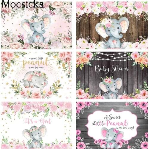 Its Girl Baby Shower Backdrop Elephant Birthday Flowers Photo Background Photocall Rustic Wood Wall Photo Booth Props