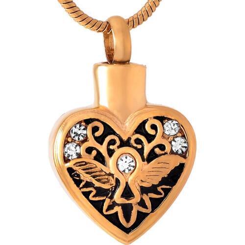 IJD9548 Heart with Angel Wings Crystal Heart Stainless Steel Cremation Jewelry for Ashes Urn Necklace Memorial Keepsake Pendant