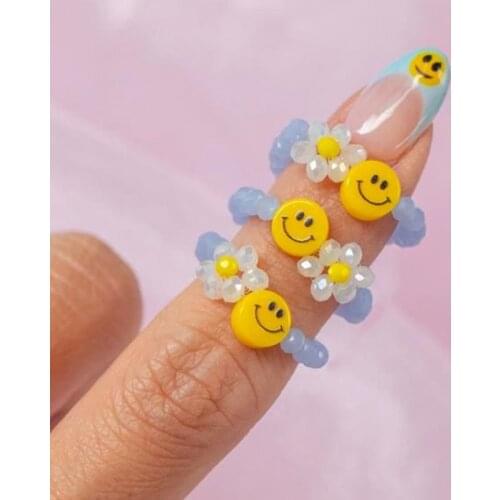 Egirl Aesthetic Blue Bead Flower Smiley Ring for Women Y2K Jewelry Bungee Cord Vintage DIY INS Ring 2000s Fashion Friends Gifts
