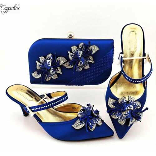Royal Blue African Shoes And Bag Set To Match Women Italian Design Pumps With Purse Handbag Lady Sandals Clutch QSL037 7.5CM