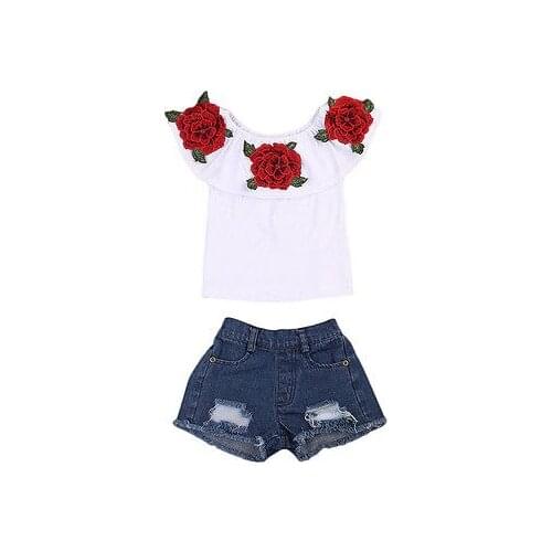 2PCs Toddler Kids Baby Girls Outfits 3D Flower Tops Shirt Denim Pants Outfits AU