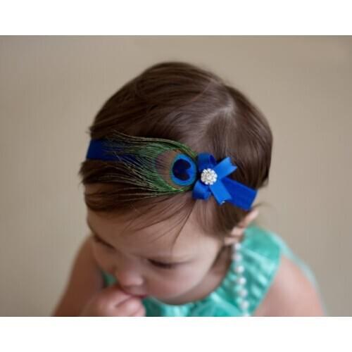 Baby Ribbon Bow Headband Girls Peacock Feather Princess Elastic Hairband Baby Girls Kids Bow Infant Newborn Toddler Headdress