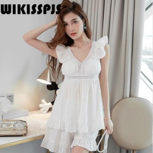 Summer Suspender Pajamas Womens Cotton Sexy Lace Princess Style Two Piece Set Pajamas for Teen Girls Two Piece Set Summer