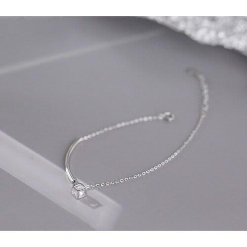 925 Sterling Silver Crystal Square Bead Charm Bracelet & Bangle For Women Girls Wedding Jewelry sl016