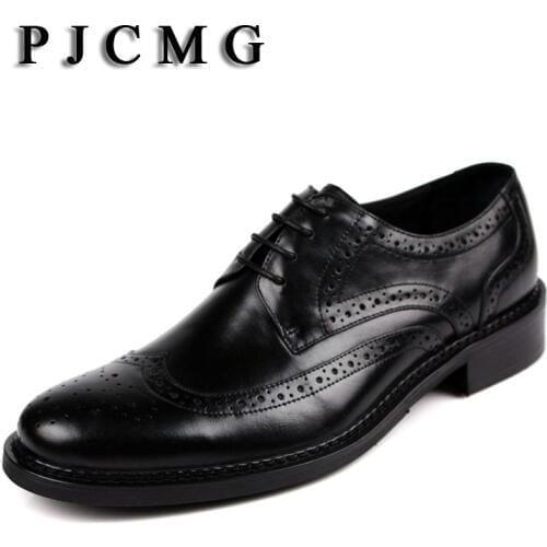PJCMG New arrival oxfords men shoes genuine leather wingtip carved lace up vintage fashion wedding business male shoes men flats