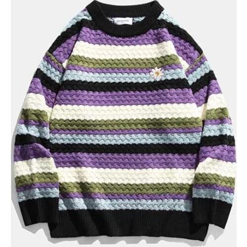 Knitted Sweater Men Pullover Fashion O-neck Flowers Striped Clothes Autumn Winter Loose Casual Oversized Sweater Men Pullovers