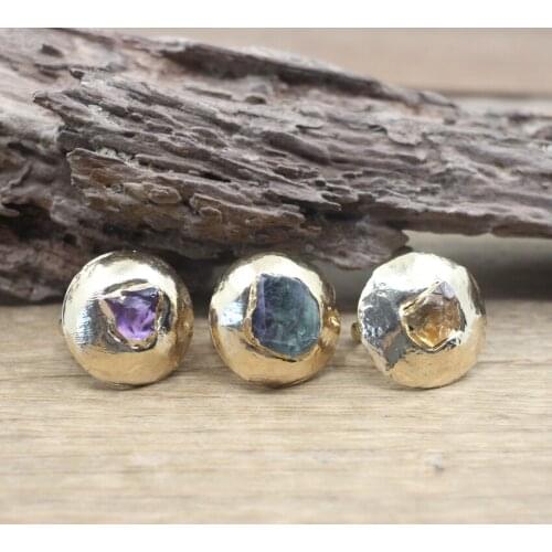 New! Raw Fluorite Chips Ring Healing Quartz Amethysts Stone Citrine Ore Adjustable Golden Ring Fashion Women Jewelry,QC4074
