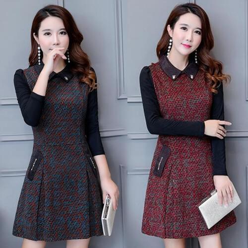 2018 autumn new womens woolen dress long-sleeved Plaid dress middle-aged mother autumn and winter A-line dress Vestidos