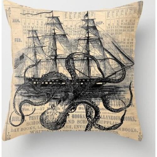 Octopus Kraken Attacking Ship Antique Almanac Paper Decor Pillow Cushion Covers Pillowcase for Sofa Cotton Linen Pillow Cover