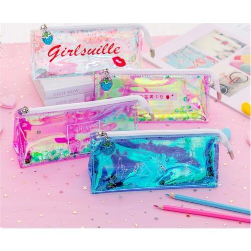 Clear PVC Cute Pencil Case Kawaii Transparent Sequin School Pen Pencilcase Gift Supplies Stationery Women Office Cosmetic Bags