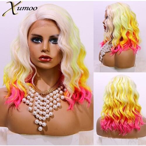 Xumoo Rainbow Synthetic Wig Glueless L Part Wavy Bob Short Wig Ombre Blonde Pink Yellow Cosplay Party Wigs For Black Women