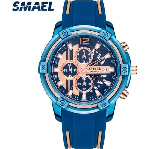 SMAEL Blue Luxury Quartz Watches For Men 2021 Modern Chronograph Clock Fashion Sport Mens Watch With Silicone Strap SL-9081