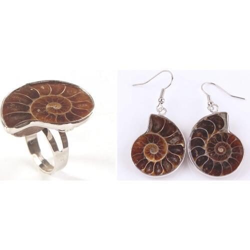 Trendy-beads Silver Plated Natural Ammonite Reliquiae Resizable Ring Hook Earrings For Anniversary Jewelry Sets