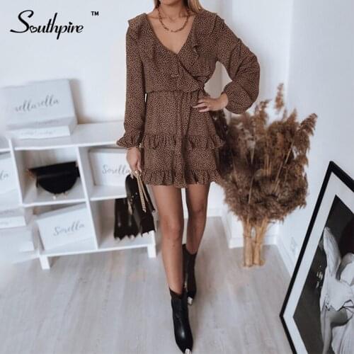 Southpire Womens V-neck Leopard Print Vintage Dress Long Sleeve A-line Ruffle Dress Ladies Spring Summer Daily Party Clothing