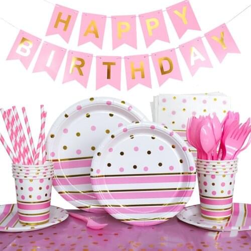 Hot pink blue bronzing stripes birthday party tableware layout paper cups and trays straw pull flag decoration baby shower