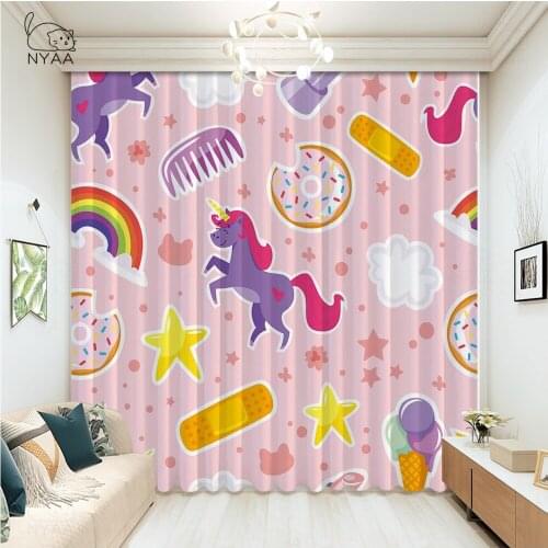 NYAA Pink Unicorn Curtain For Living Room Kids Cartoon Bedroom Curtain Girly Floral Window Treatment Drapes Micro Shading