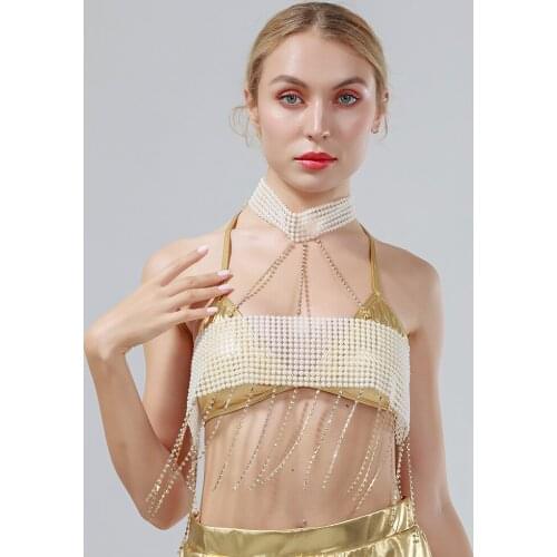 Pearl Decor Top Linked Halter Bralette Womens Sexy Rhinestone Tassel Chest Chain Gothic Fashion Festival Jewelry Accessories