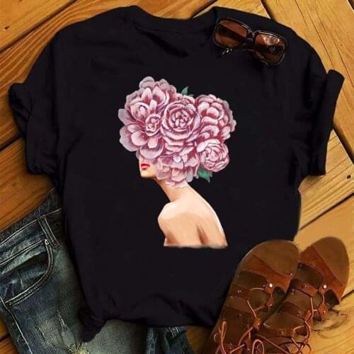 Womens Flower In Head Print T-shirts Harajuku Summer Short Sleeves Tshirts Casual Round Neck Tops Tees Shirts,Drop Ship