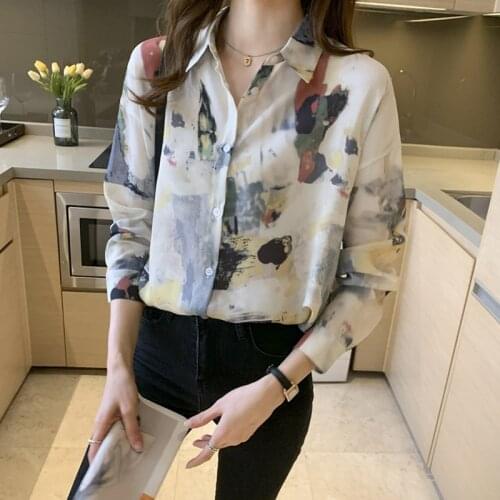 2021 Spring and Autumn New Womens Lapel Printed Chiffon Shirt Long Sleeve Cardigan Casual Shirts for Women