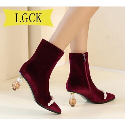 Plus Size 34-43 Winter Fashion Women Boots Pleuche Pointed Toe Elastic Ankle Boots Heels Shoes Autumn Winter Female Socks Bootst