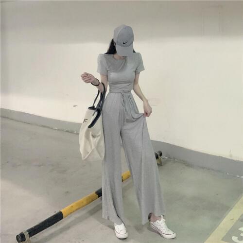 2020 Summer Women Cotton Short Sleeve O-neck Slim Crop Top Loose Wide Leg Pants 2 Piece Set for Female Tops Pants Sets FY218