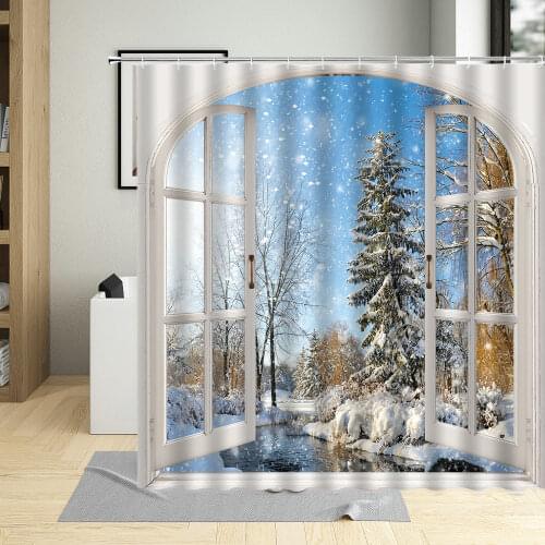 Winter Scenery Window View Forest Snow Shower Curtain Snowflake Covered Tree House Print Bathroom Decor With Hooks Curtains Set