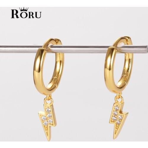 100% S925 Sterling Silver Fashion CZ Lightning Bolt Hoop Earrings Classic Geometric Dangle Ear Rings Gold for Women Girls Jewel
