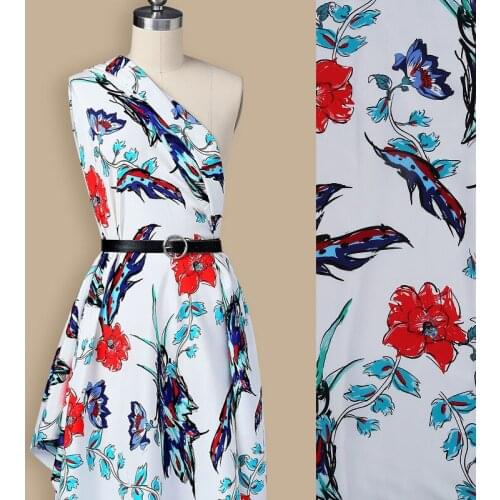 140CM Wide 16MM Green Blue Floral Print White Silk Crepe de Chine Fabric for Dress Shirt Clothes Cheongsam Y026