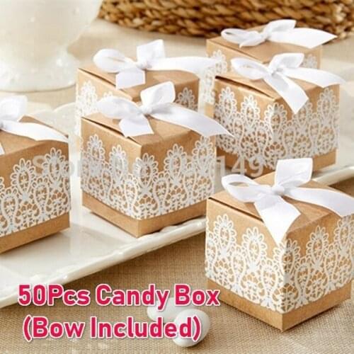 50PCS Brown kraft paper Wedding white lace print bow square square candy box European Sweet Box Gift Packaging
