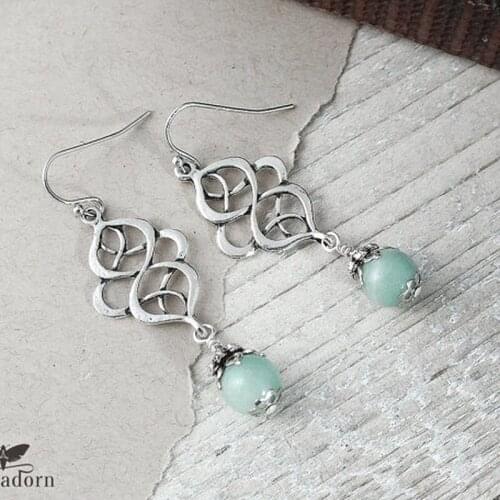 Bohemian Natural Turquoises Tassel Chain Hollow Flower Dangle Hook Earrings For Women