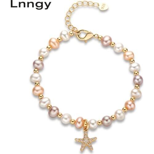 Lnngy 14K Gold Filled 4.5-6.5mm Natural Cultured Freshwater Pearl Lovely Starfish Charm Bracelet Women Jewelry Gifts