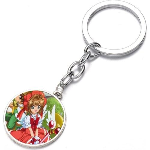 Japan anime Cardcaptor Sakura Keychain Glass Dome Key Chain Bag Charm necklace Bronze black Keyring Holder Kids boys girl Gift