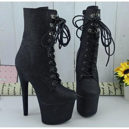 Leecabe Black Glitter 17CM/7Inches with Shinny High Heel platform Boots Closed toe Pole Dance boot