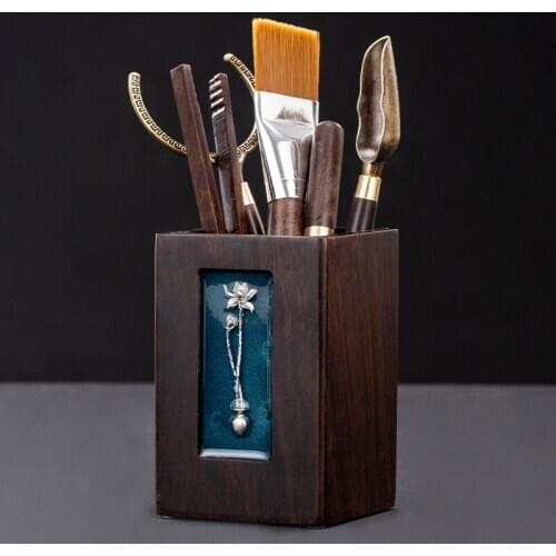 Black Ebony Wood Jar Six Gentlemen Tea Accessories Tea Needle Cup Clip Long Spoon Brush Fork Chinese Kung Fu Teaware Tool Decor