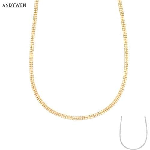 ANDYWEN 925 Sterling Silver Gold Double ZIrcon Pave Line Choker Necklace Long Chain Two lIne Fashion Fine Jewelry 2020 Rock Punk