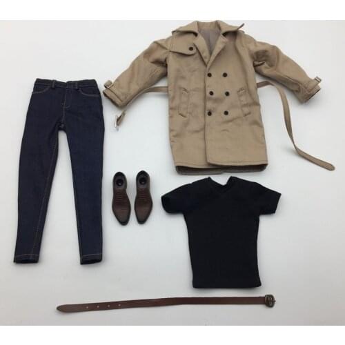1/6 Khaki Long Jacket Windcoat T-shirt Jeans Shoes Suit for 12inch Figure