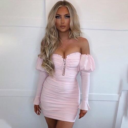 Hollow Out Pink Party Dress Women Off the Shoulder Puff Sleeve Fashion Strap zipper Ruched Outfit Short Sexy Bodycon Dress