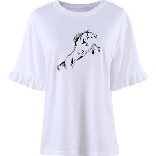 Summer New Running Horse Funny T Shirt Women Loose Cotton Petal Sleeve Female T-Shirts Fashion Tops Tees O-Neck Loose Camisetas
