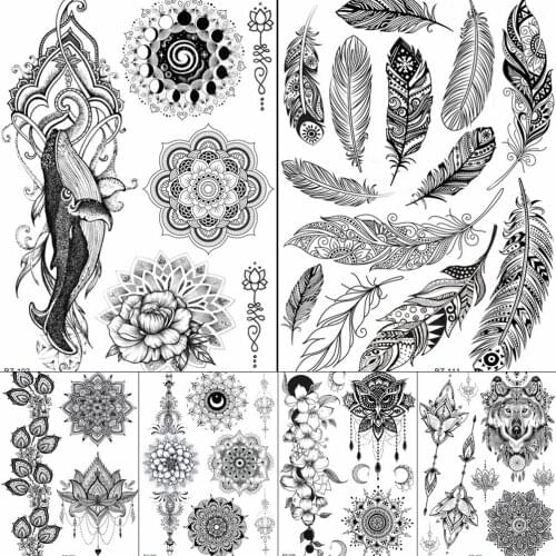 GoldOcean Body Arm Whale Feather India Totem Fake Tattoo Stickers Women Girl Black Waterproof Tatto Temporary Henna Flora Tattoo
